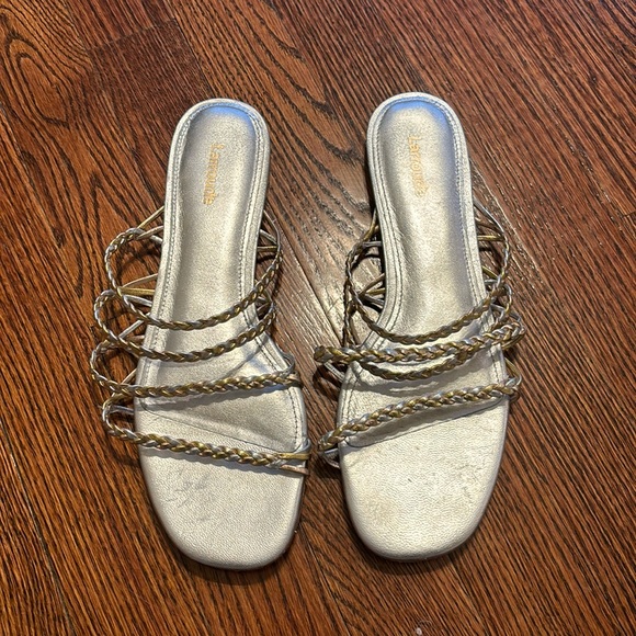 Larroude Ibiza Flat Sandal in Braided Metallic Silver Leather - Picture 2 of 8